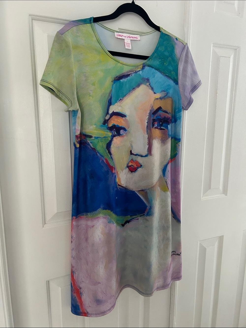 LEOMA LOVEGROVE DESIGNER Art Portrait T-Shirt Dress in Blue, Green & Purple